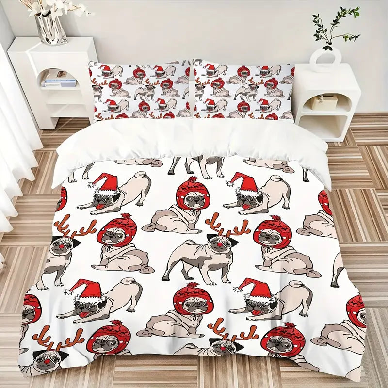 Christmas Pug Print Duvet Cover Set with Pillow