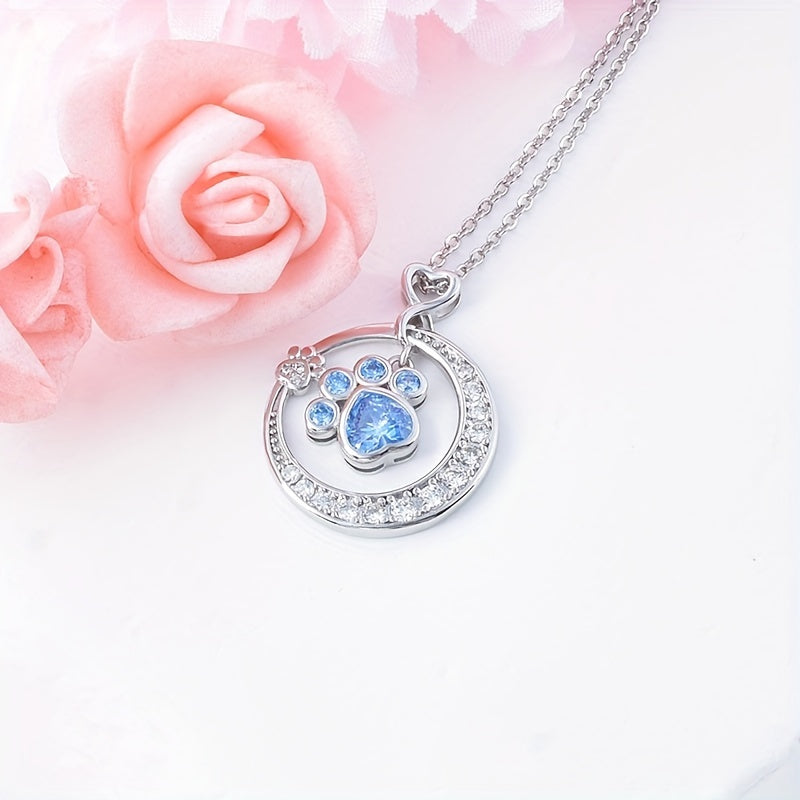 Blue Cubic Paw Print Love Heart Pendant Necklace For Gifts