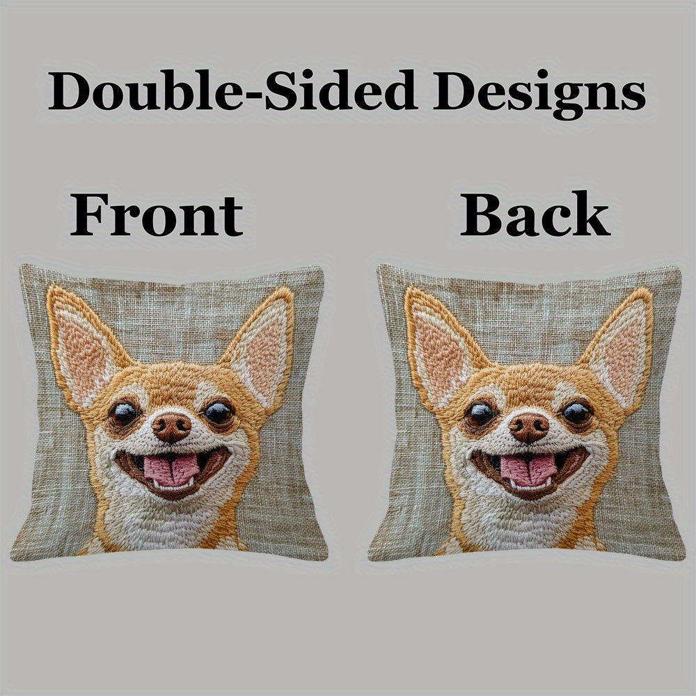 Chihuahua Smile Embroidered Plush Pillow Cover