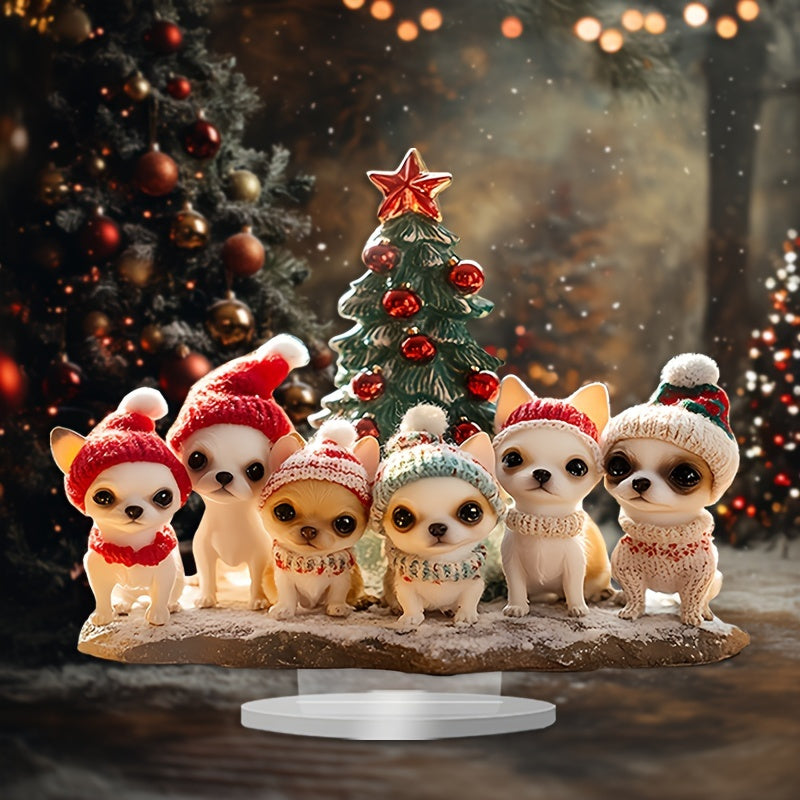 Bohemian Chihuahua Acrylic Figurine Set with Christmas Tree Ideal Holiday Gift Room Decor