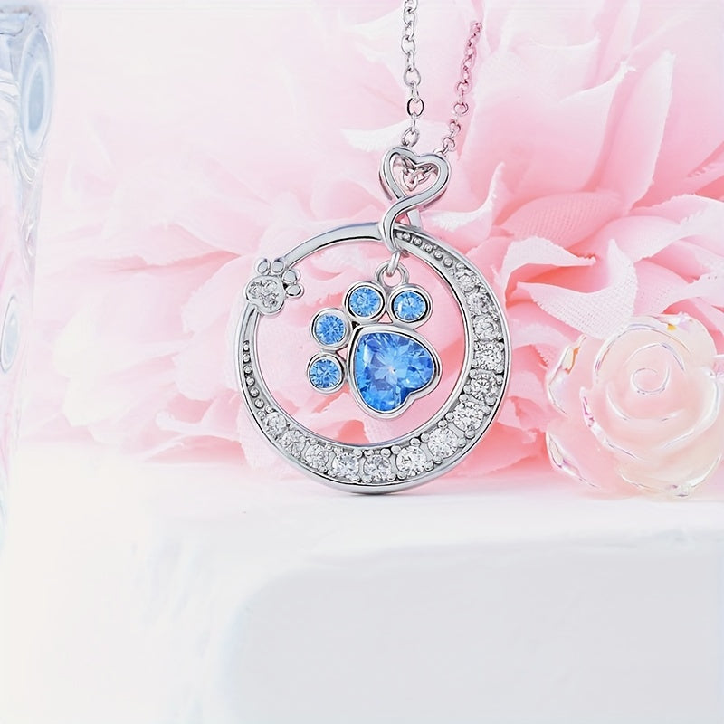 Blue Cubic Paw Print Love Heart Pendant Necklace For Gifts