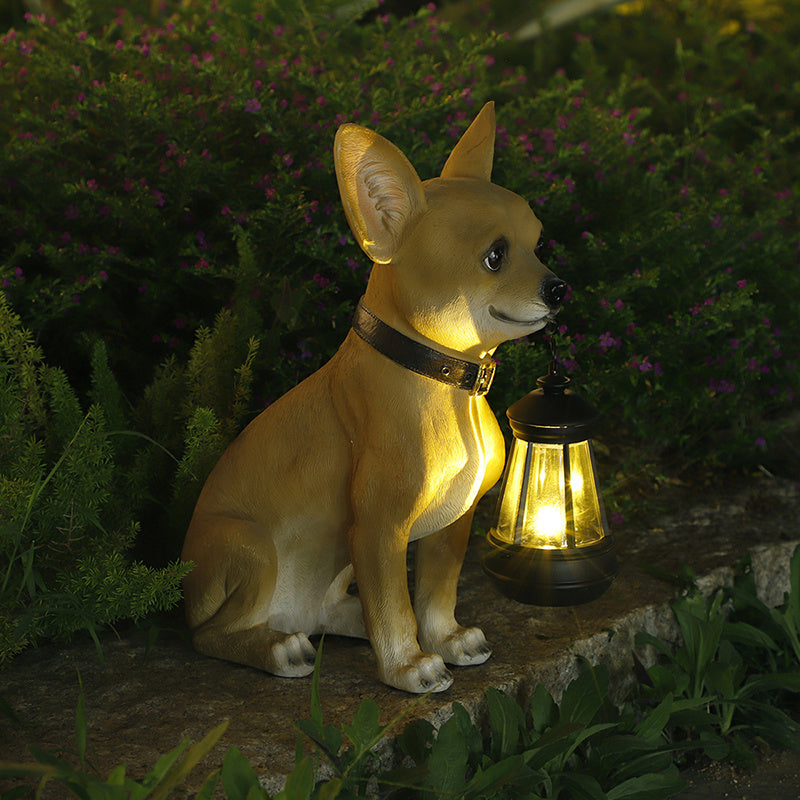 Solar-Powered Resin Chihuahua Garden Statue with Lantern Light