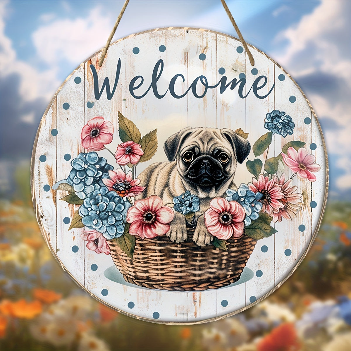 Welcome Pug in Basket Wall Sign Decoration for Home