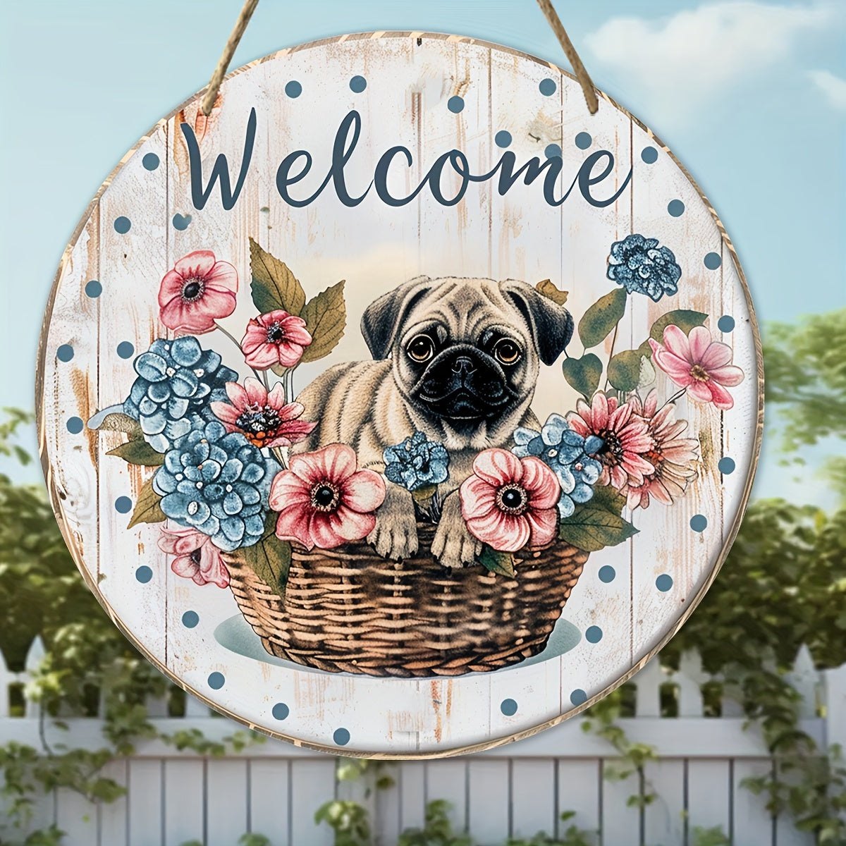 Welcome Pug in Basket Wall Sign Decoration for Home