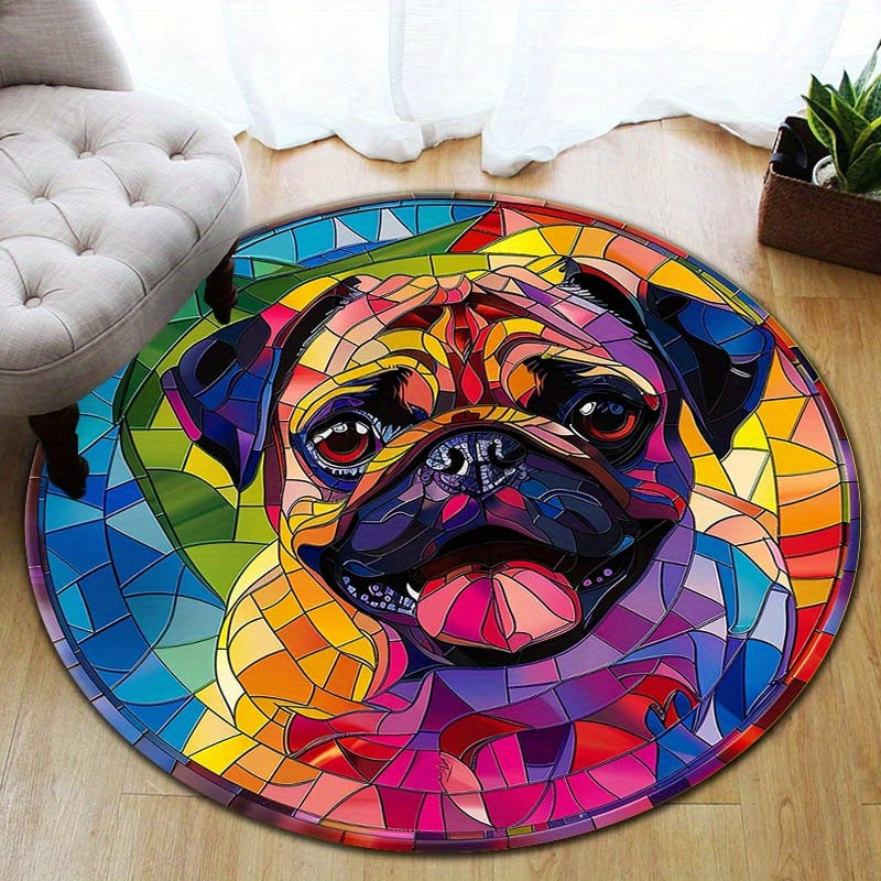 Colorful Stained Glass Pug Pattern Round Non-Slip Carpet