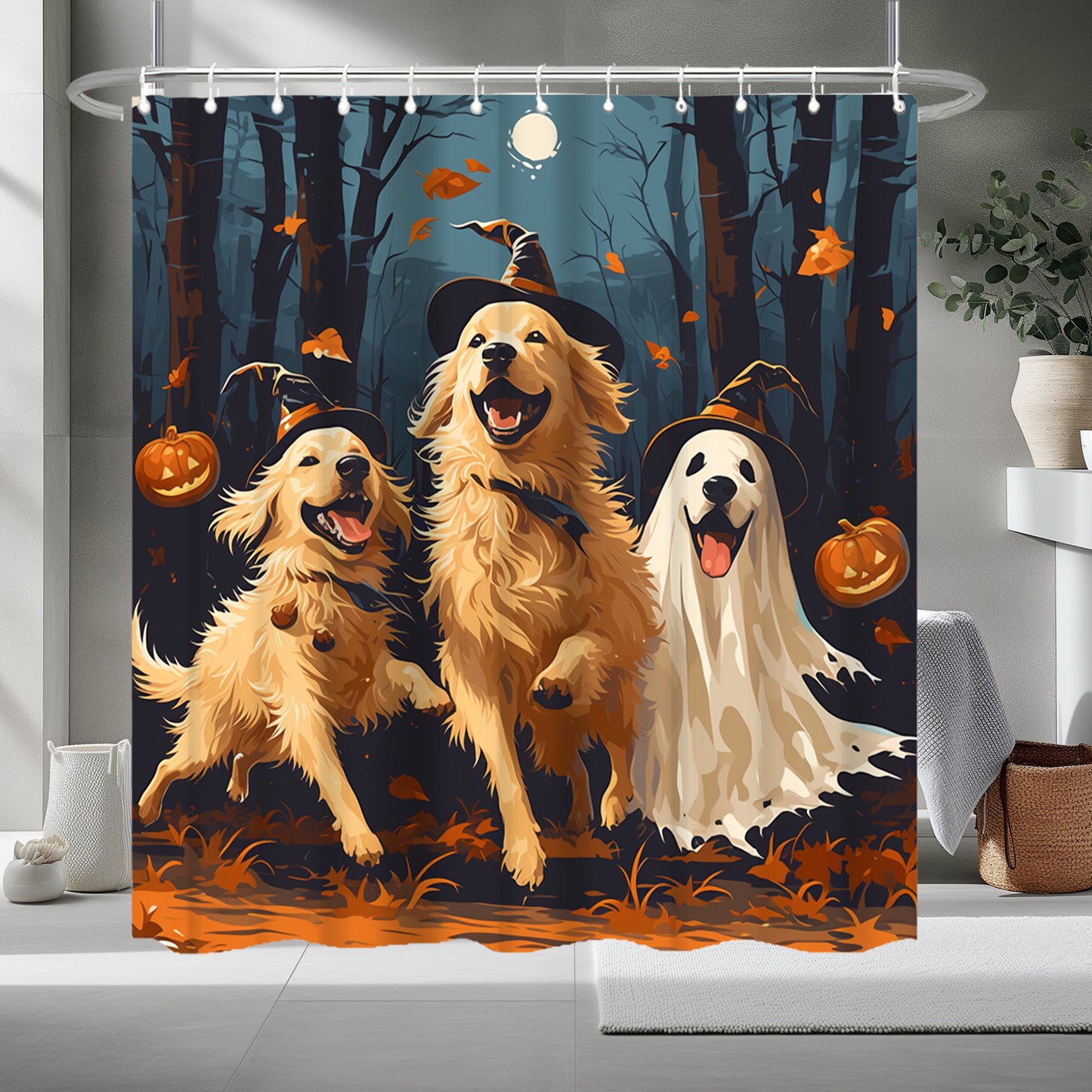 Golden Retriever Halloween Shower Curtain Bathroom Decoration