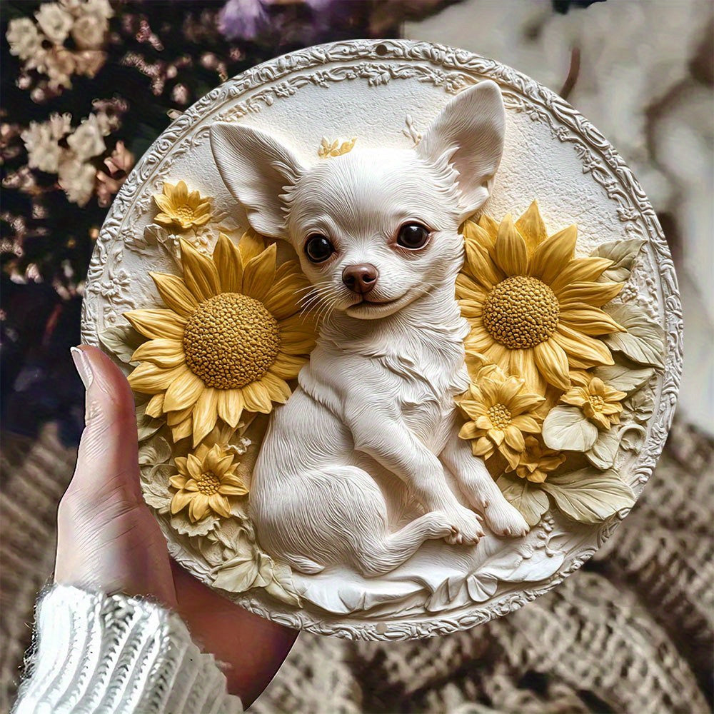 3D Chihuahua & Sunflower Aluminum Tin Sign