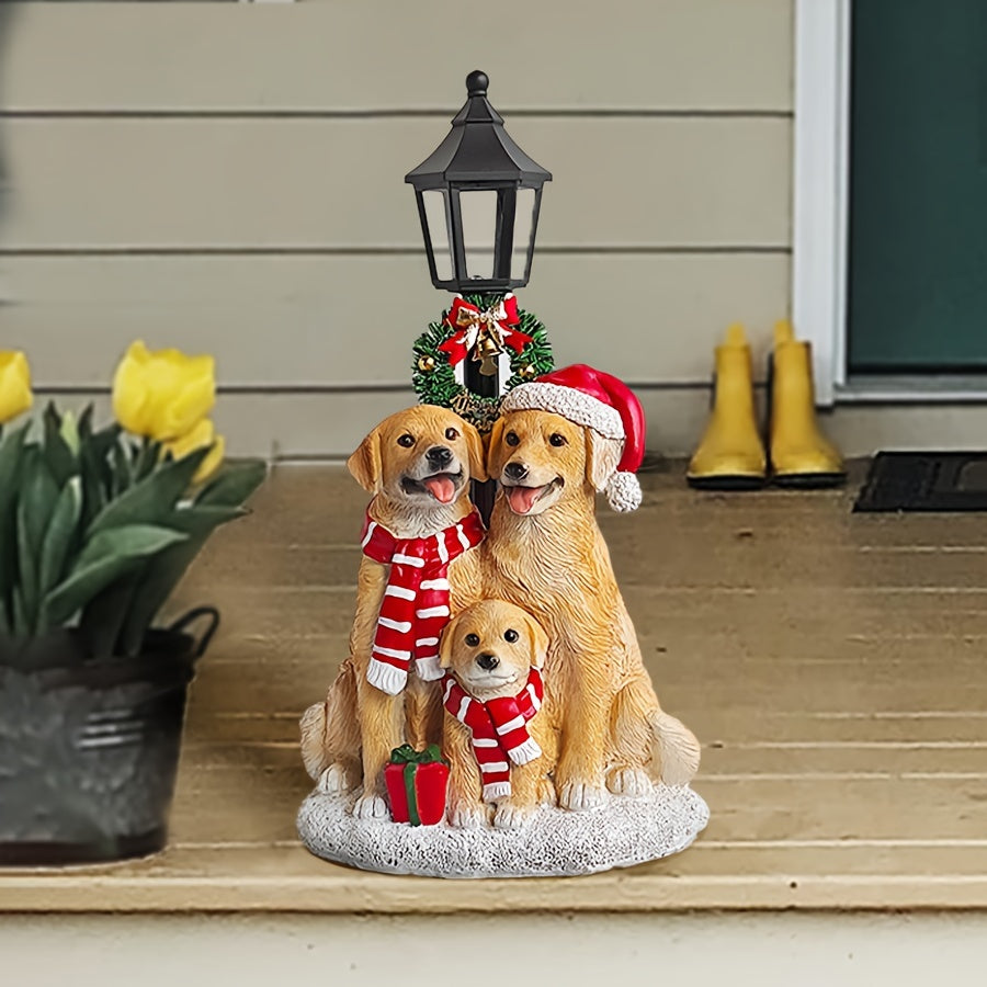 Rustic Resin Golden Retriever Family Figurines with Lantern - Christmas Themed Decor