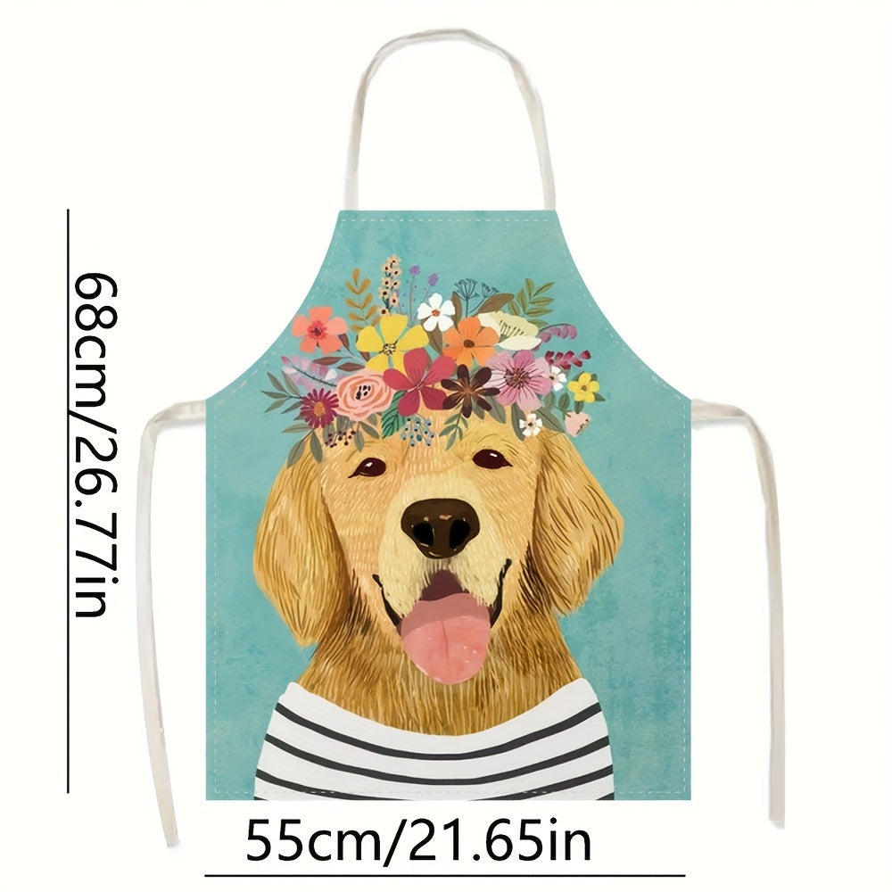 Golden Retriever Floral Crown Linen Apron