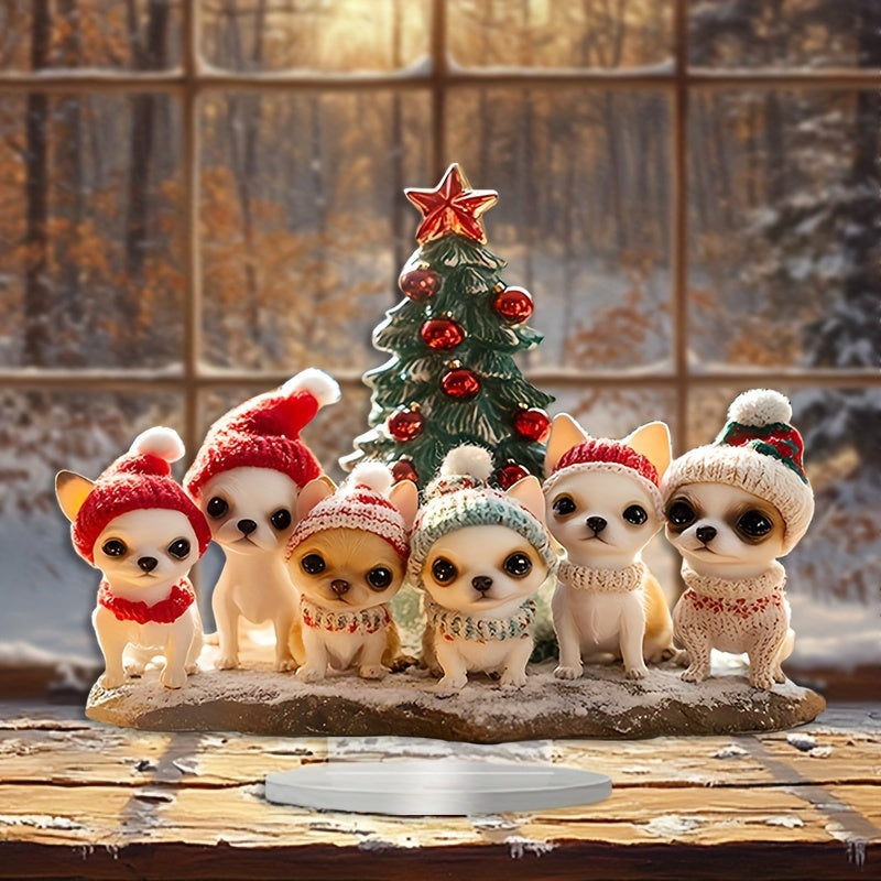 Bohemian Chihuahua Acrylic Figurine Set with Christmas Tree Ideal Holiday Gift Room Decor