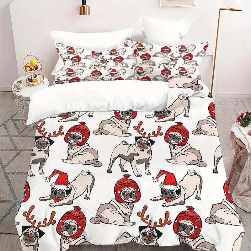 Christmas Pug Print Duvet Cover Set with Pillow