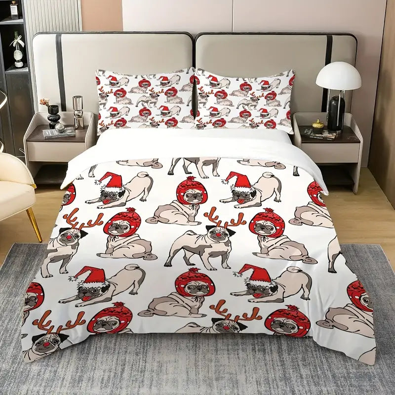 Christmas Pug Print Duvet Cover Set with Pillow