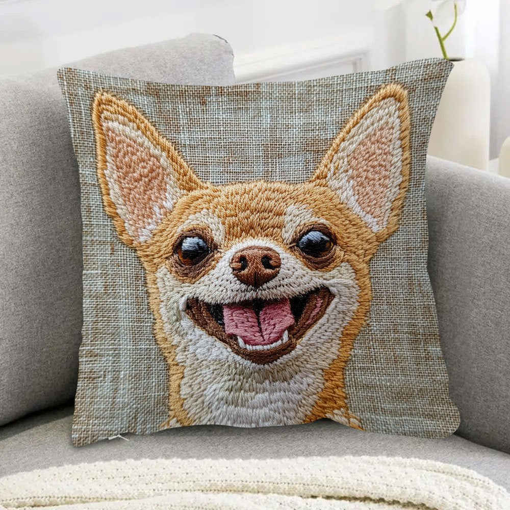 Chihuahua Smile Embroidered Plush Pillow Cover