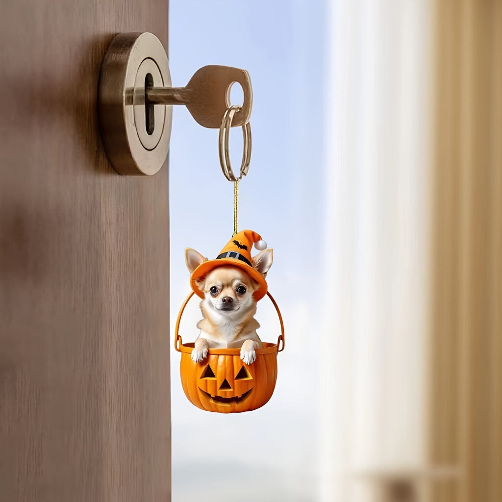 Halloween Chihuahua in Bucket Acrylic Pendant  Keychain Accessory