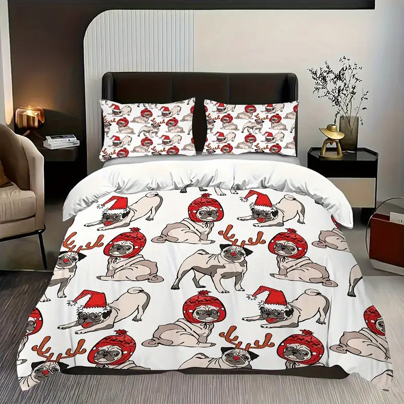 Christmas Pug Print Duvet Cover Set with Pillow