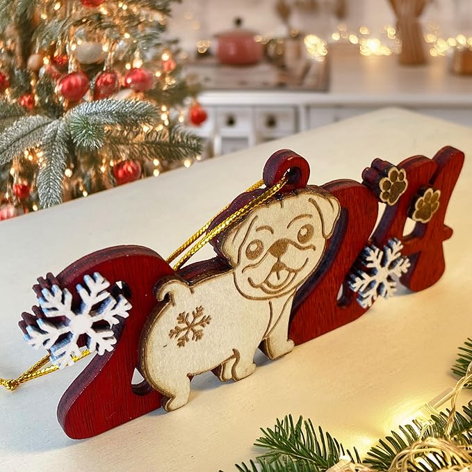 Pug 2024 Wooden Christmas Ornament