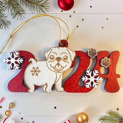 Pug 2024 Wooden Christmas Ornament