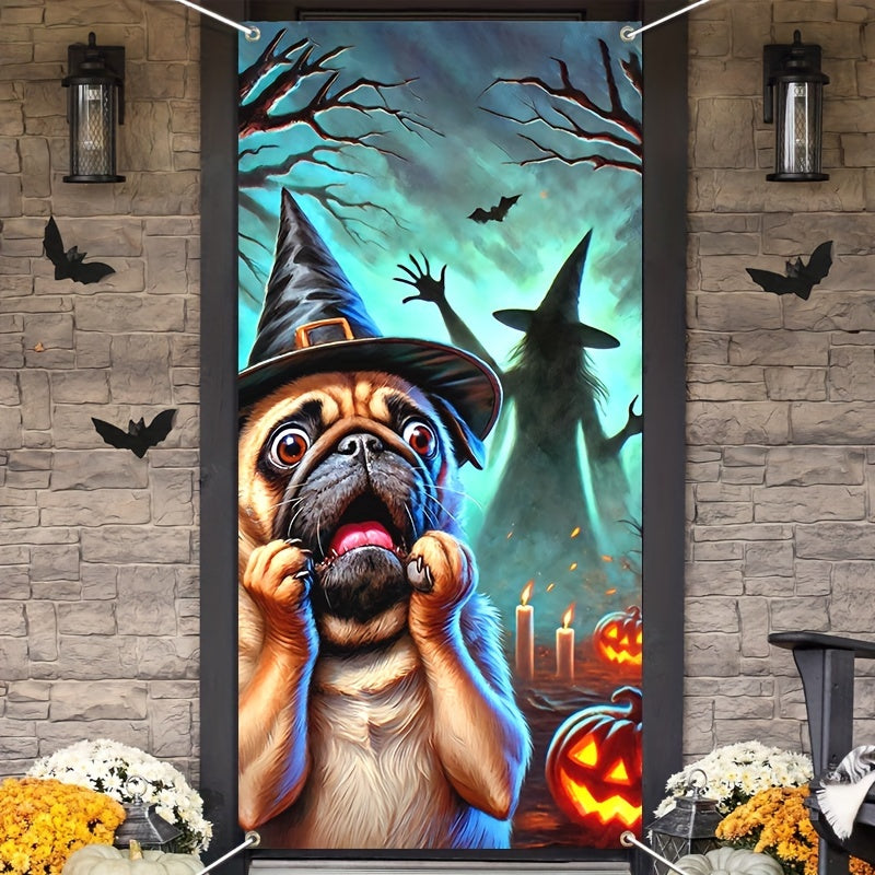 Scared Pug Dog & Witch Shadow Halloween Door Banner