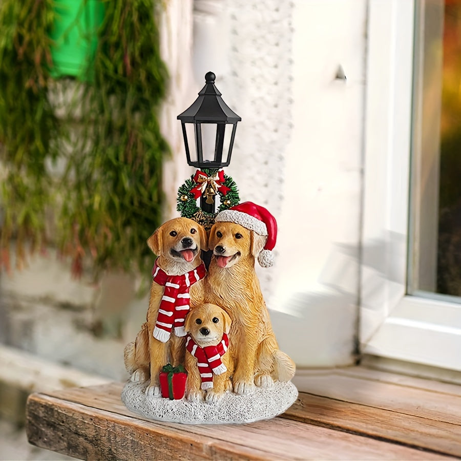 Rustic Resin Golden Retriever Family Figurines with Lantern - Christmas Themed Decor