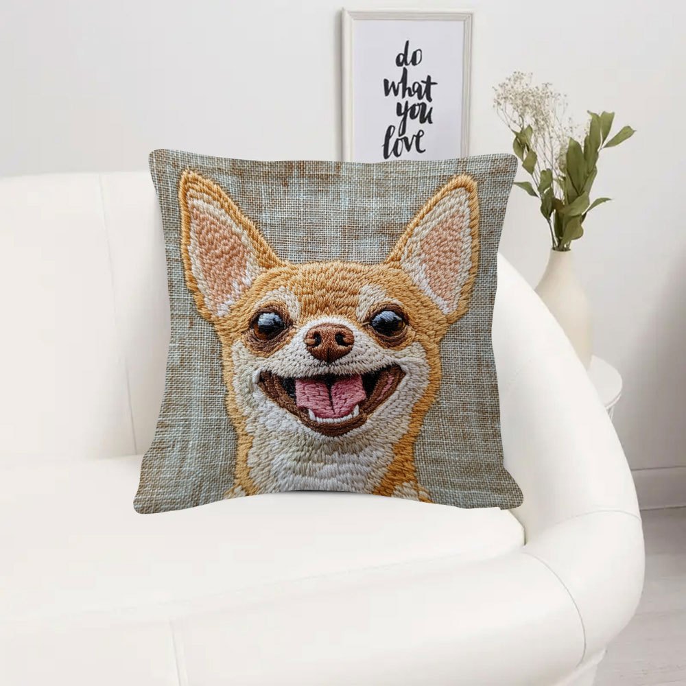 Chihuahua Smile Embroidered Plush Pillow Cover