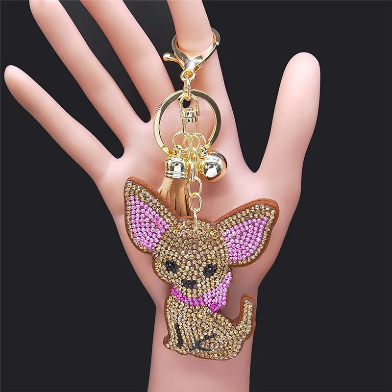 Chihuahua Dog Crystal Keychain Bag Accessories for Women