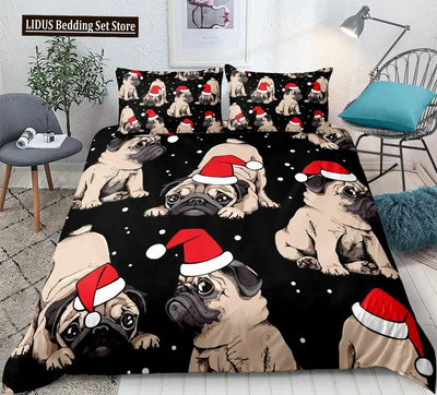 Christmas Pug Duvet Cover Set Cute Dog Pattern Bedding Set