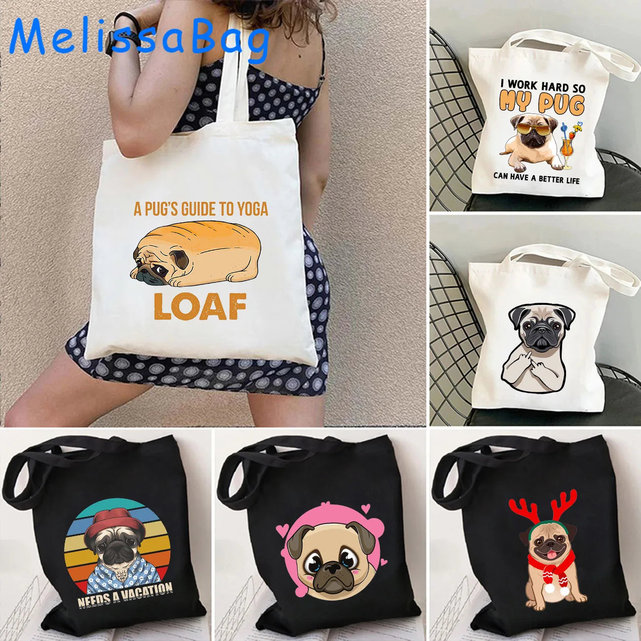 Pug Cotton Handbag For Pug MOM