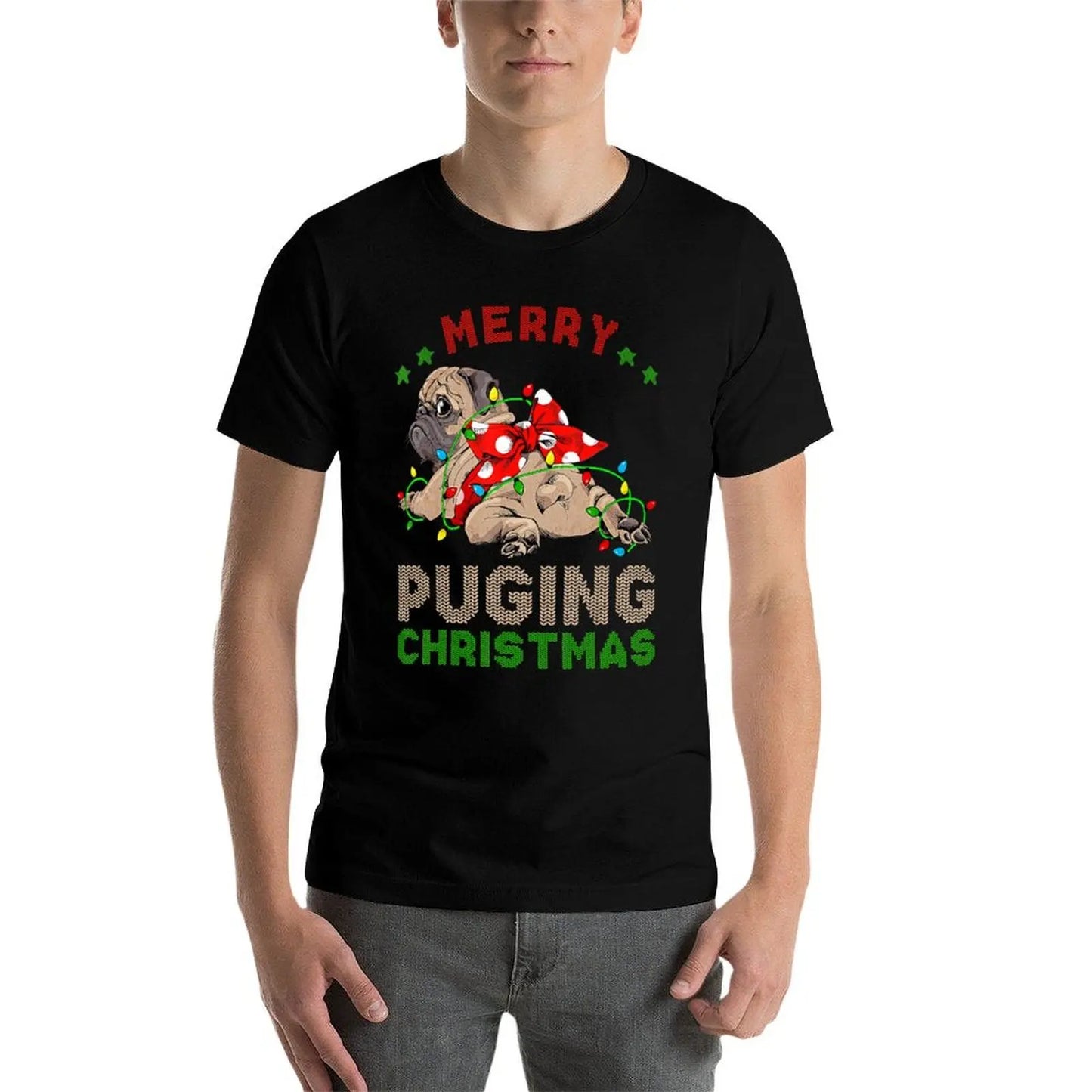 Pug Christmas Tree Lights Xmas Gifts Boys Pugmas Santa Dog T-Shirt graphics mens fashion