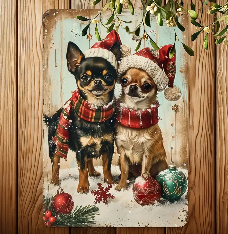 Rustic Wooden Christmas Chihuahua Metal Sign