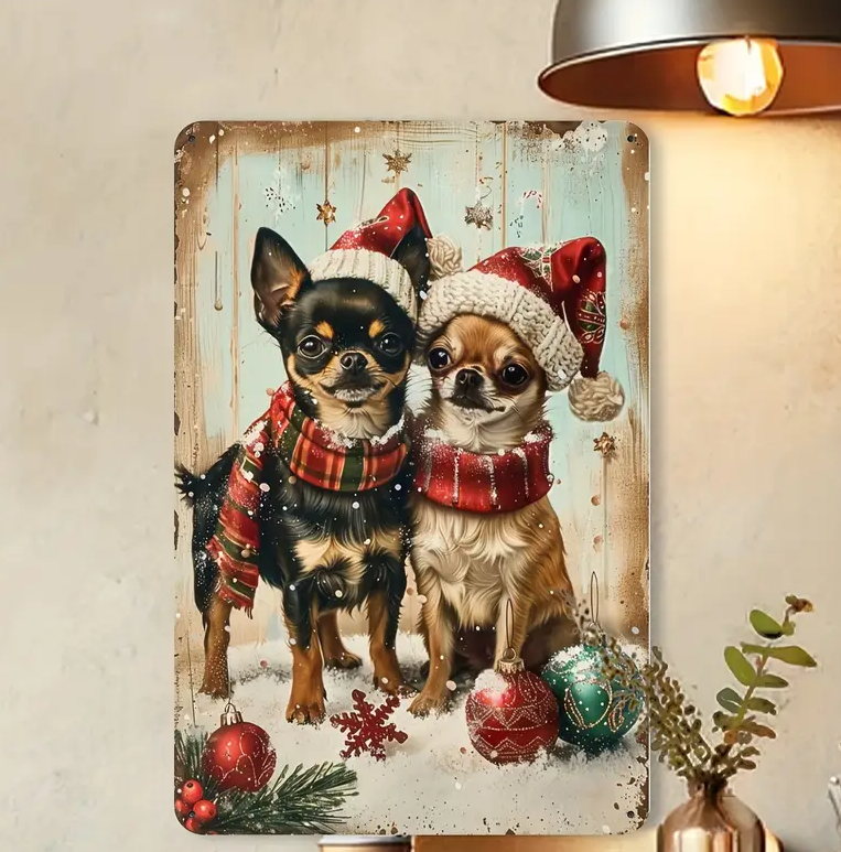 Rustic Wooden Christmas Chihuahua Metal Sign