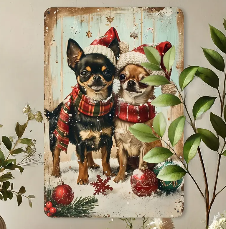 Rustic Wooden Christmas Chihuahua Metal Sign