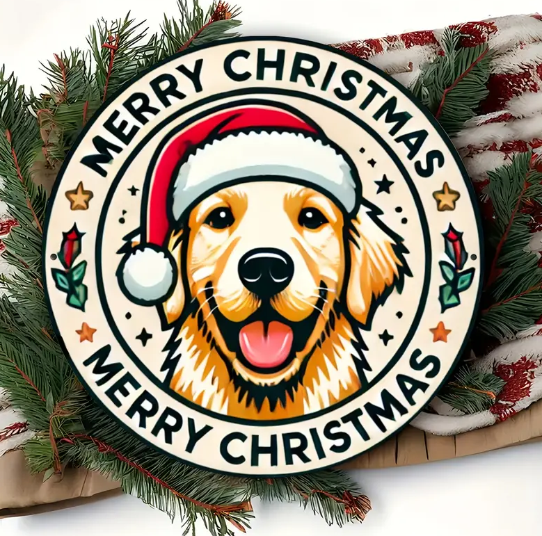 Christmas Golden Retriever Sign, Festive Dog Theme, Aluminum Foil Engraving