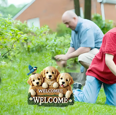 Art Deco Acrylic Decorative Garden Stake For Christmas Welcoming Sign with Trio of Golden Retriever Puppies