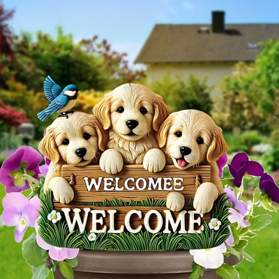 Art Deco Acrylic Decorative Garden Stake For Christmas Welcoming Sign with Trio of Golden Retriever Puppies