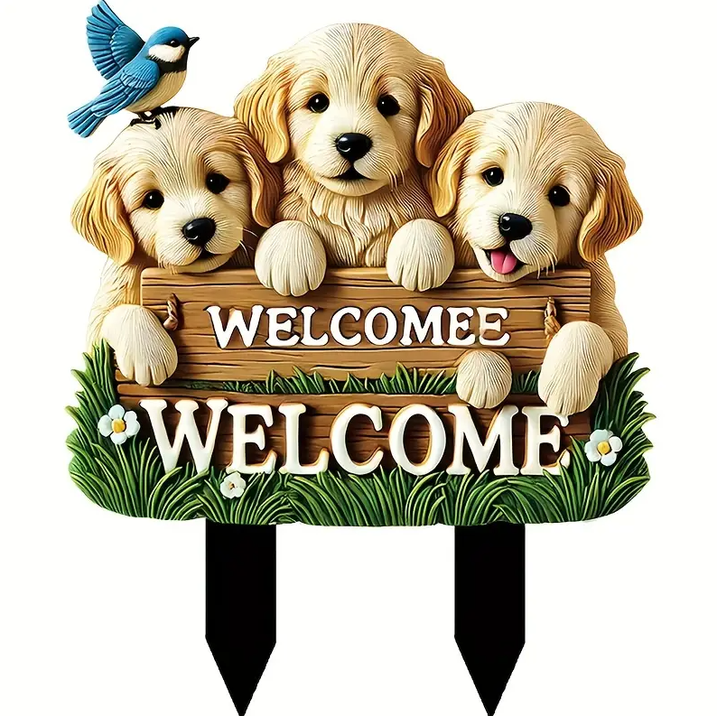 Art Deco Acrylic Decorative Garden Stake For Christmas Welcoming Sign with Trio of Golden Retriever Puppies