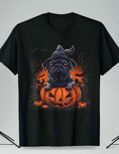 Black Pug Dog Pumpkin Halloween T-Shirt