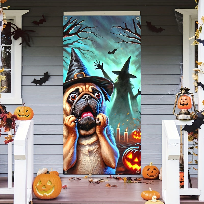 Scared Pug Dog & Witch Shadow Halloween Door Banner