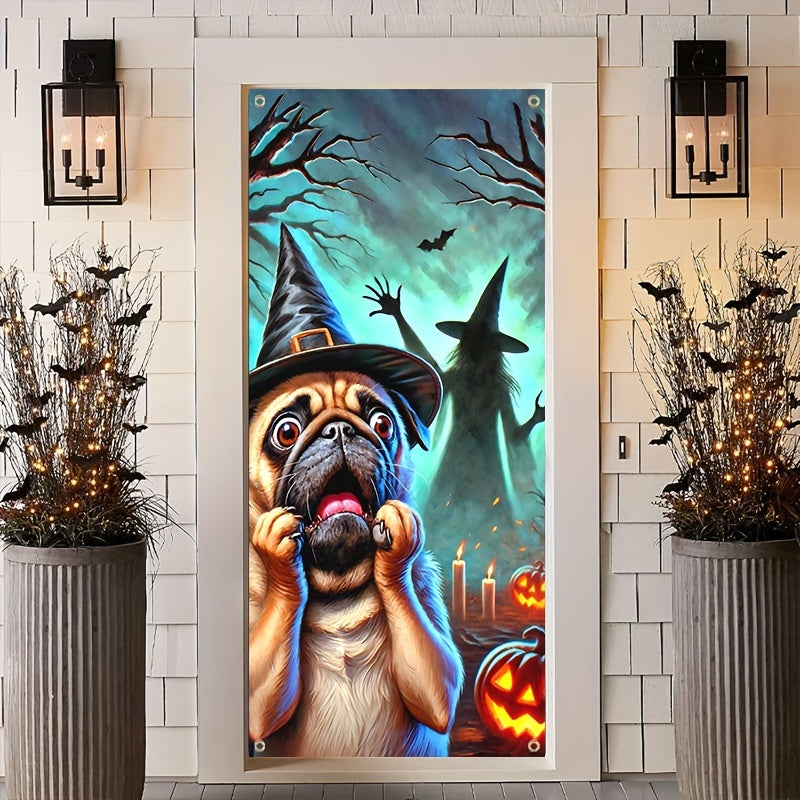 Scared Pug Dog & Witch Shadow Halloween Door Banner