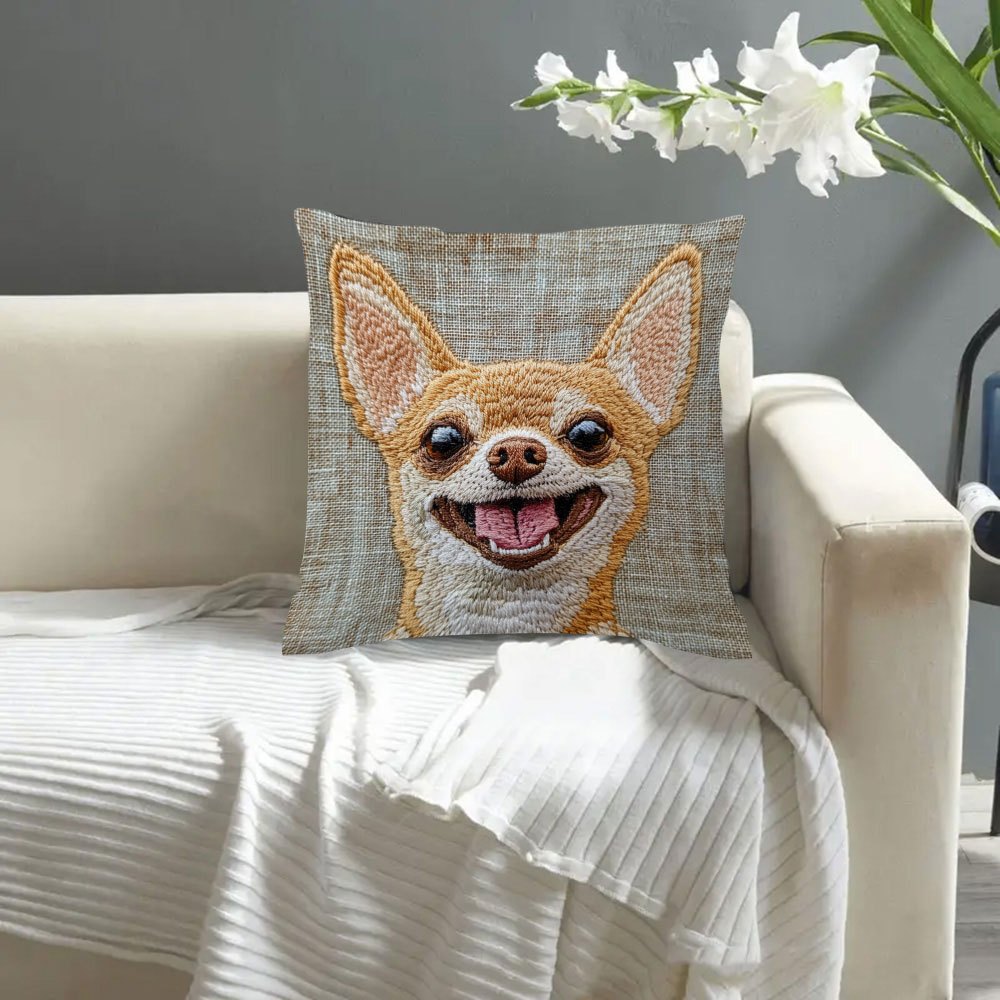 Chihuahua Smile Embroidered Plush Pillow Cover