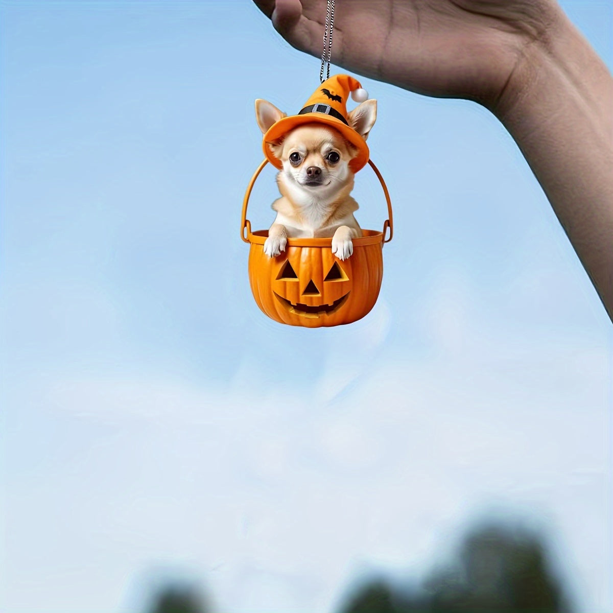 Halloween Chihuahua in Bucket Acrylic Pendant  Keychain Accessory