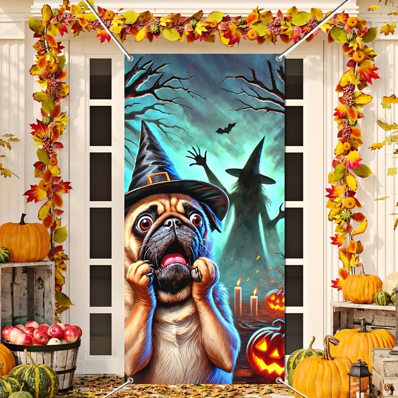 Scared Pug Dog & Witch Shadow Halloween Door Banner