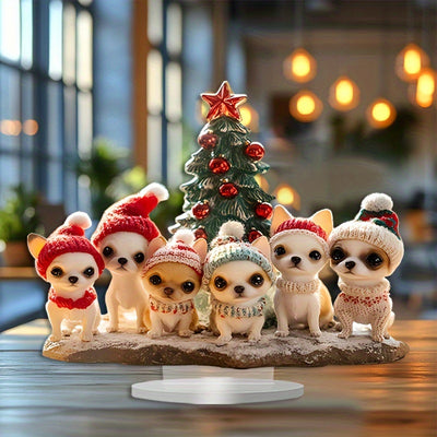 Bohemian Chihuahua Acrylic Figurine Set with Christmas Tree Ideal Holiday Gift Room Decor