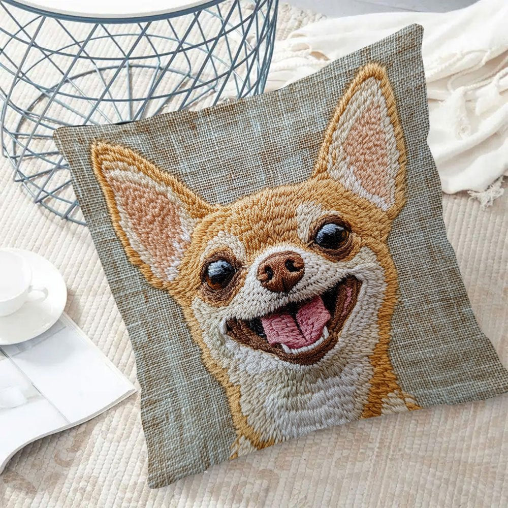 Chihuahua Smile Embroidered Plush Pillow Cover